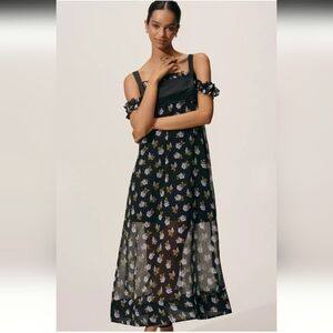 NWT Anthropologie Maeve Square-neck Floral Black Midi Dress Size Medium